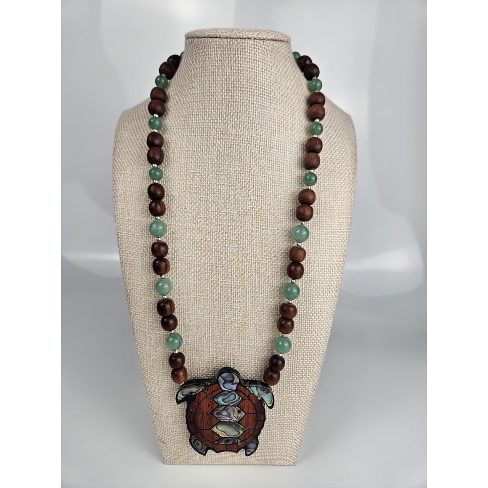 Abalone Shell Inlayed Turtle Pendant & Stone Wood Beaded Necklace